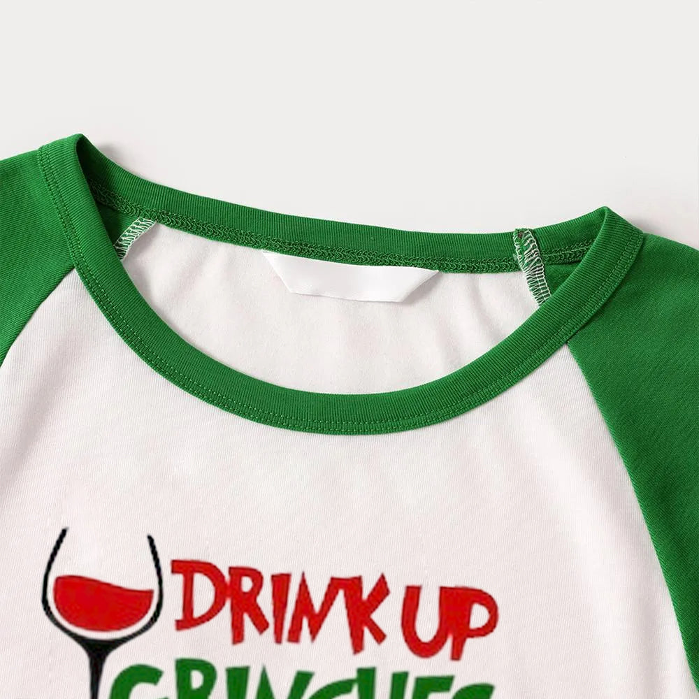 Christmas Cute Cartoon Wine Glass and 'Drink Up' Letter Print Casual Long Sleeve Sweatshirts Green Contrast Tops and Black and Gren Plaid Pants  Family Matching Raglan Long-sleeve Pajamas Sets
