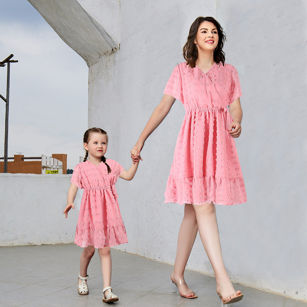 Mom and Daughter Swiss Dot Puff Sleeve Tunic Dress