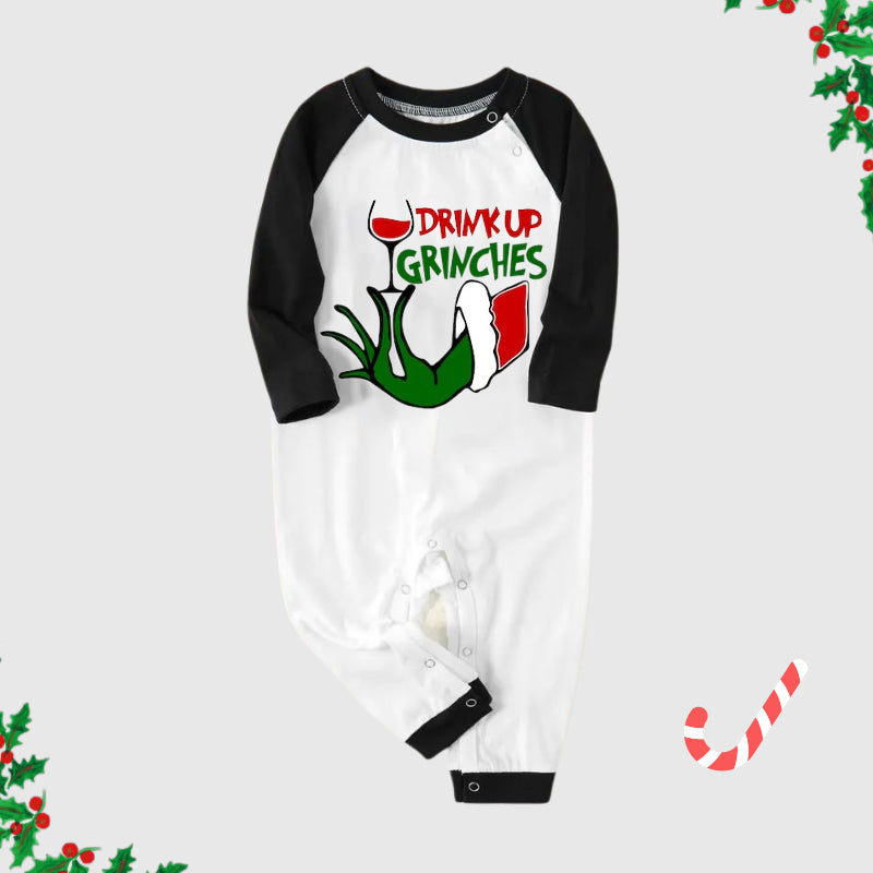 Christmas Cute Cartoon Wine Glass and 'Drink Up' Letter Print Casual Long Sleeve Sweatshirts Black Contrast Top and Black and Gren Plaid Pants Family Matching Pajamas Sets