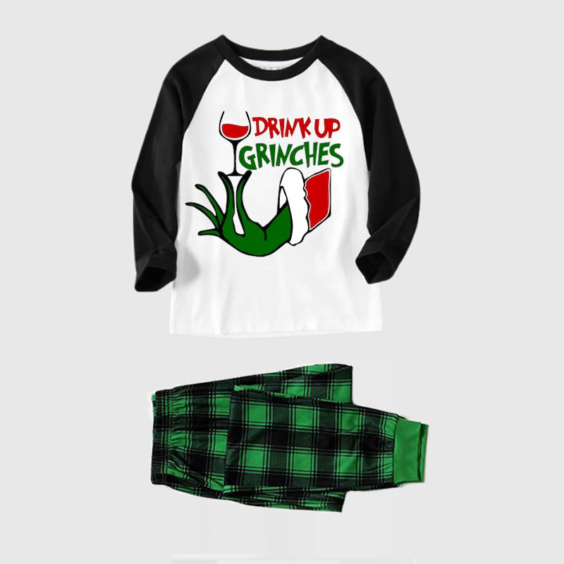 Christmas Cute Cartoon Wine Glass and 'Drink Up' Letter Print Casual Long Sleeve Sweatshirts Black Contrast Top and Black and Gren Plaid Pants Family Matching Pajamas Sets