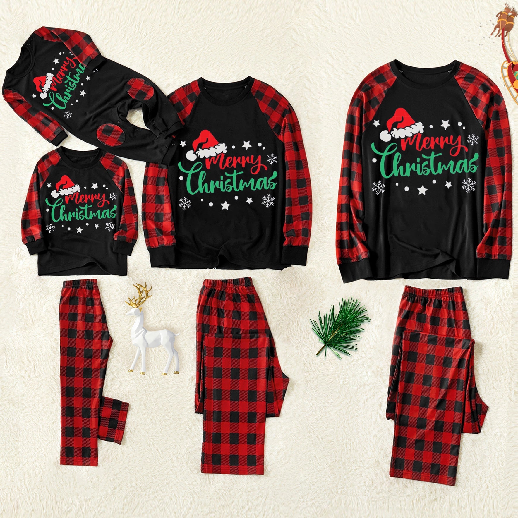 Christmas Hat Patterned and 'Merry Christmas' Letter Print Patterned Contrast Black top and Black & Red Plaid Pants Family Matching Pajamas Set