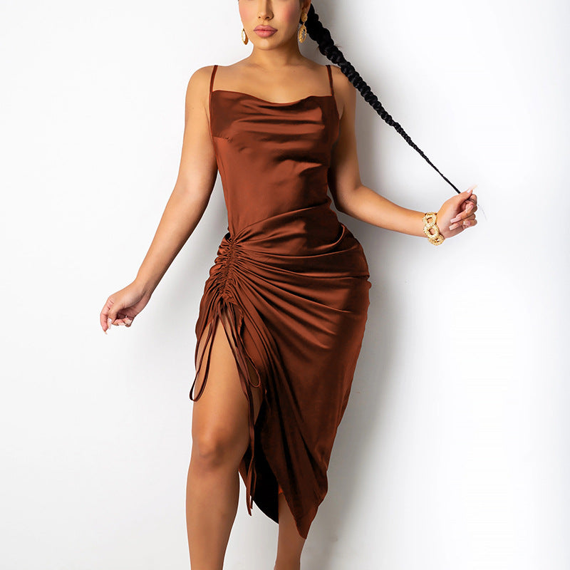 Women Sexy Open Back Slit Dress with Drawstring SUM3201A