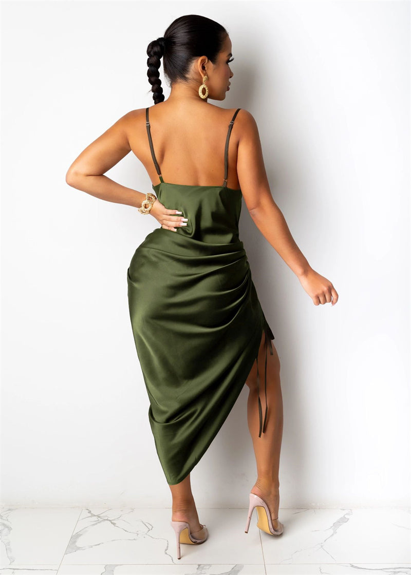 Women Sexy Open Back Slit Dress with Drawstring SUM3201A