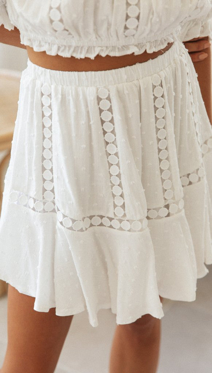 Women Solid Color Lace Stitching Off Shoulder Top Skirt Set 934