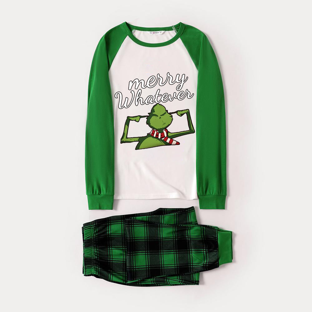 Christmas Cute Cartoon and 'Merry Whatever' Letter Print Casual Long Sleeve Sweatshirts Green Contrast Tops and Black and Gren Plaid Pants  Family Matching Raglan Long-sleeve Pajamas Sets