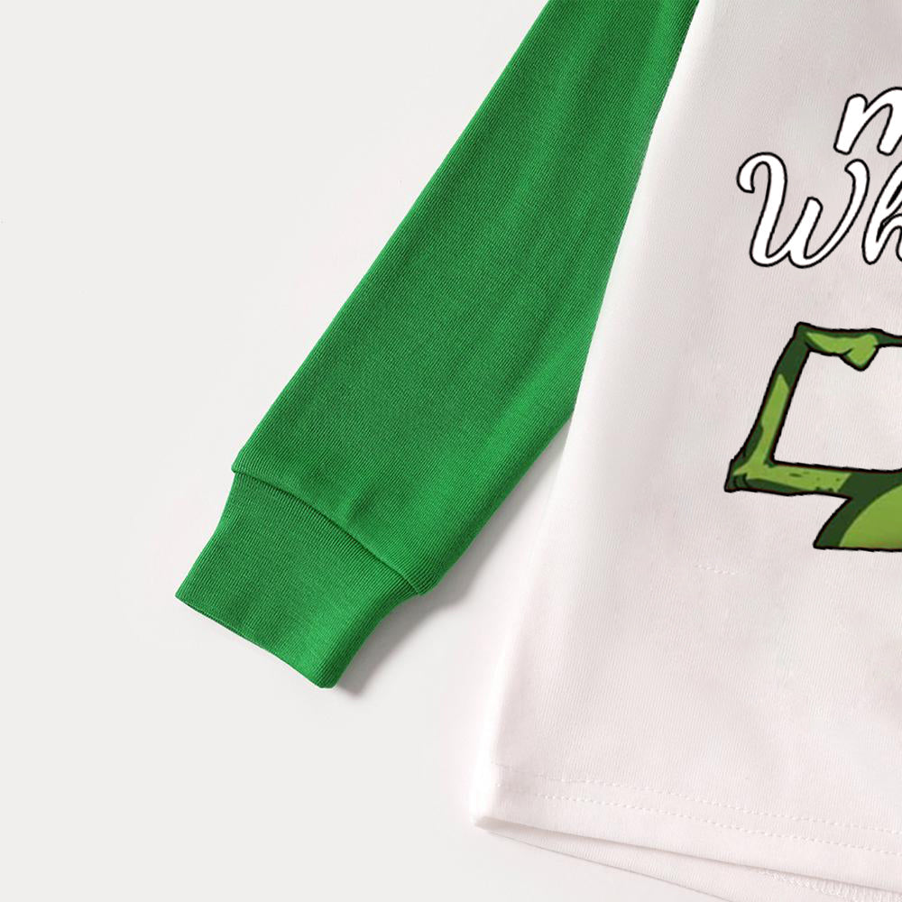 Christmas Cute Cartoon and 'Merry Whatever' Letter Print Casual Long Sleeve Sweatshirts Green Contrast Tops and Black and Green Plaid Pants  Family Matching Raglan Long-sleeve Pajamas Sets