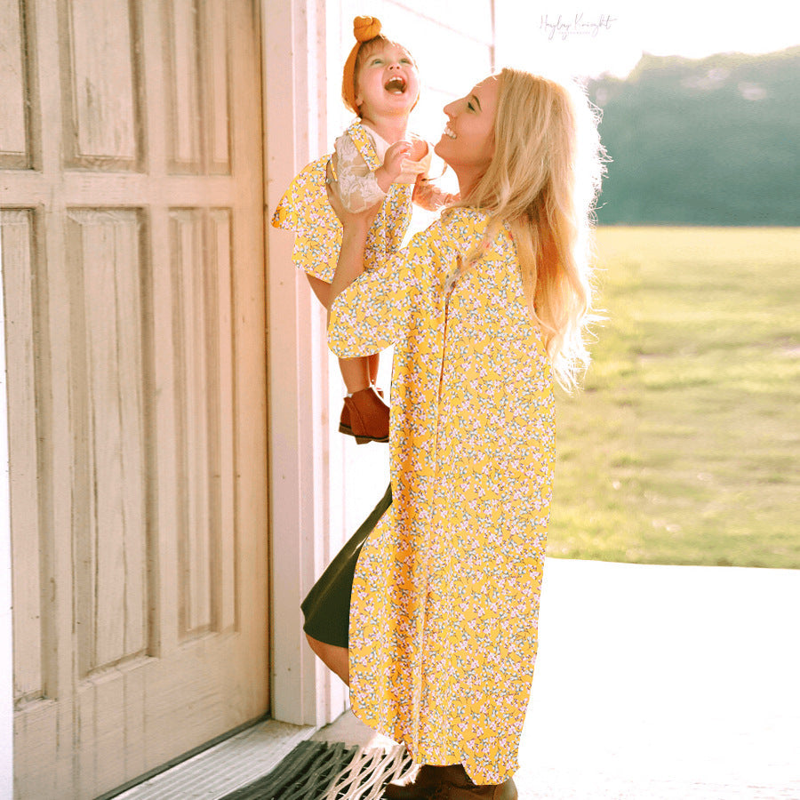 All Over Sunflowers Floral Print Matching Outfit for Mom and Me