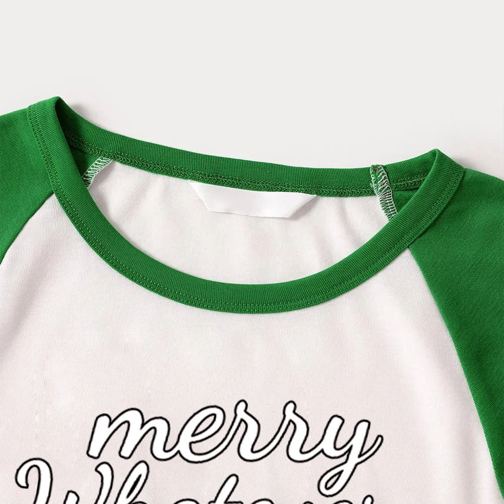 Christmas Cute Cartoon and 'Merry Whatever' Letter Print Casual Long Sleeve Sweatshirts Green Contrast Tops and Black and Gren Plaid Pants  Family Matching Raglan Long-sleeve Pajamas Sets