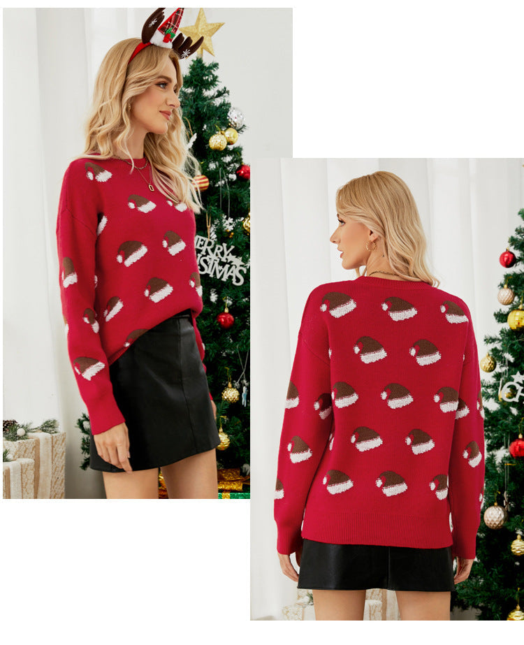 Women Christmas Hat Print Sweater