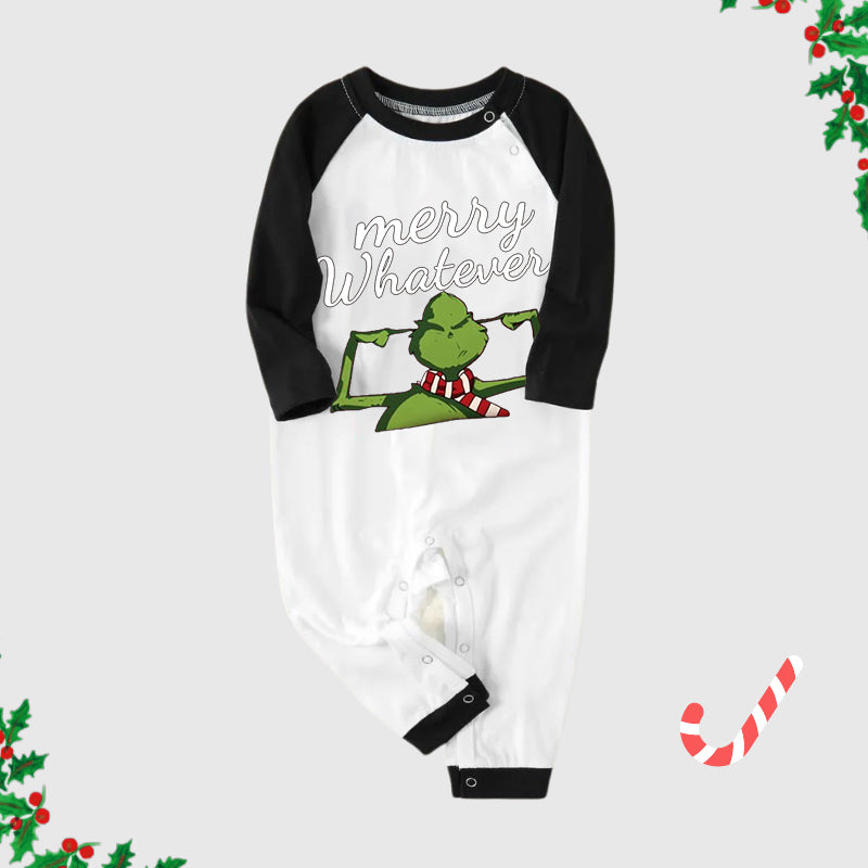 Christmas Cute Cartoon and 'Merry Whatever’ Letter Print Casual Long Sleeve Sweatshirts Black Contrast Top and Black and Green Plaid Pants Family Matching Pajamas Sets