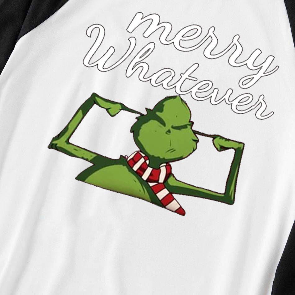 Christmas Cute Cartoon and 'Merry Whatever’ Letter Print Casual Long Sleeve Sweatshirts Black Contrast Top and Black and Green Plaid Pants Family Matching Pajamas Sets