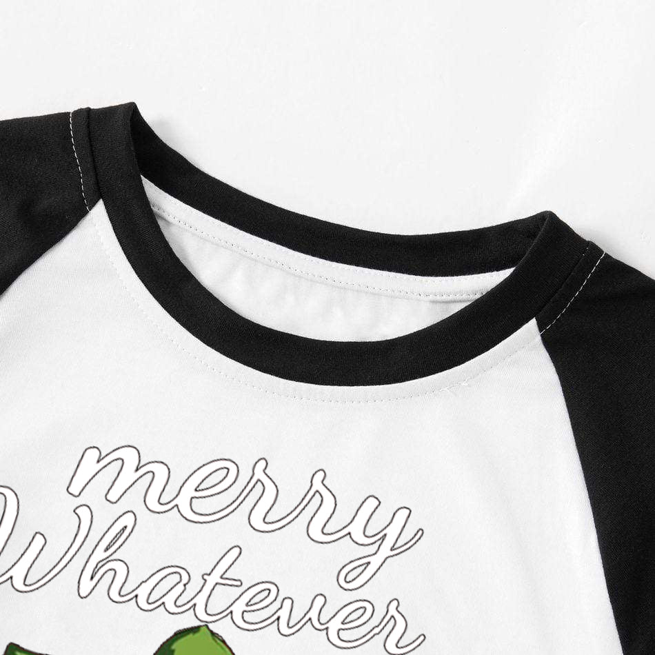 Christmas Cute Cartoon and 'Merry Whatever’ Letter Print Casual Long Sleeve Sweatshirts Black Contrast Top and Black and Gren Plaid Pants Family Matching Pajamas Sets