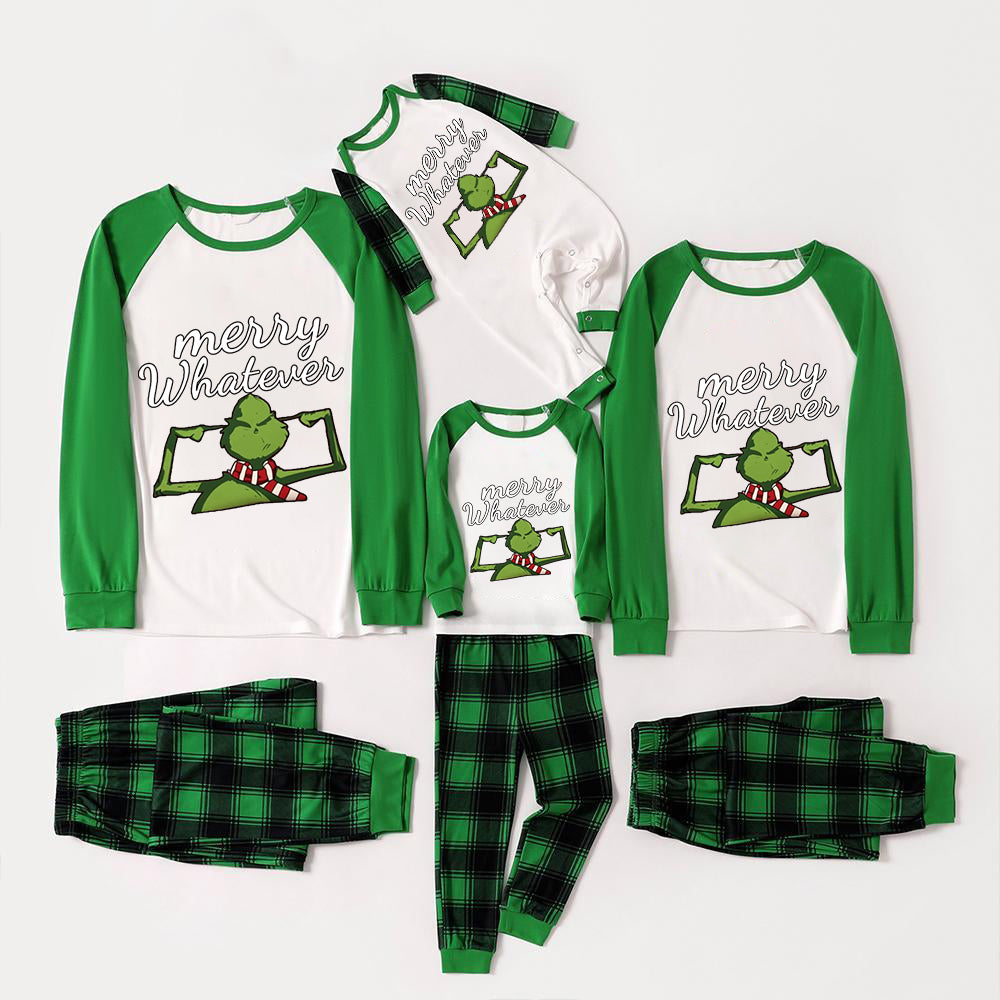 Christmas Cute Cartoon and 'Merry Whatever' Letter Print Casual Long Sleeve Sweatshirts Green Contrast Tops and Black and Green Plaid Pants  Family Matching Raglan Long-sleeve Pajamas Sets