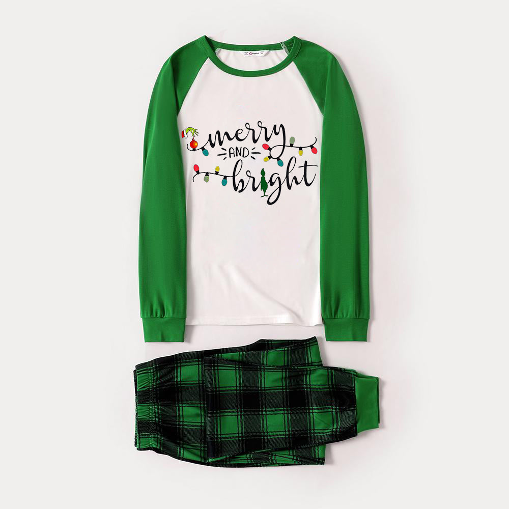 Christmas Cute Cartoon Bulb Print and 'Merry and Light’ Letter Print Casual Long Sleeve Sweatshirts Green Contrast Tops and Black and Gren Plaid Pants  Family Matching Raglan Long-sleeve Pajamas Sets