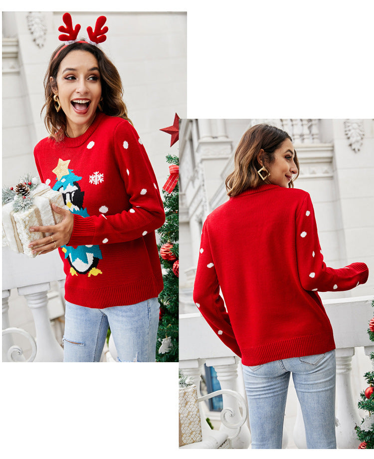 Women Christmas Penguin Print Sweater