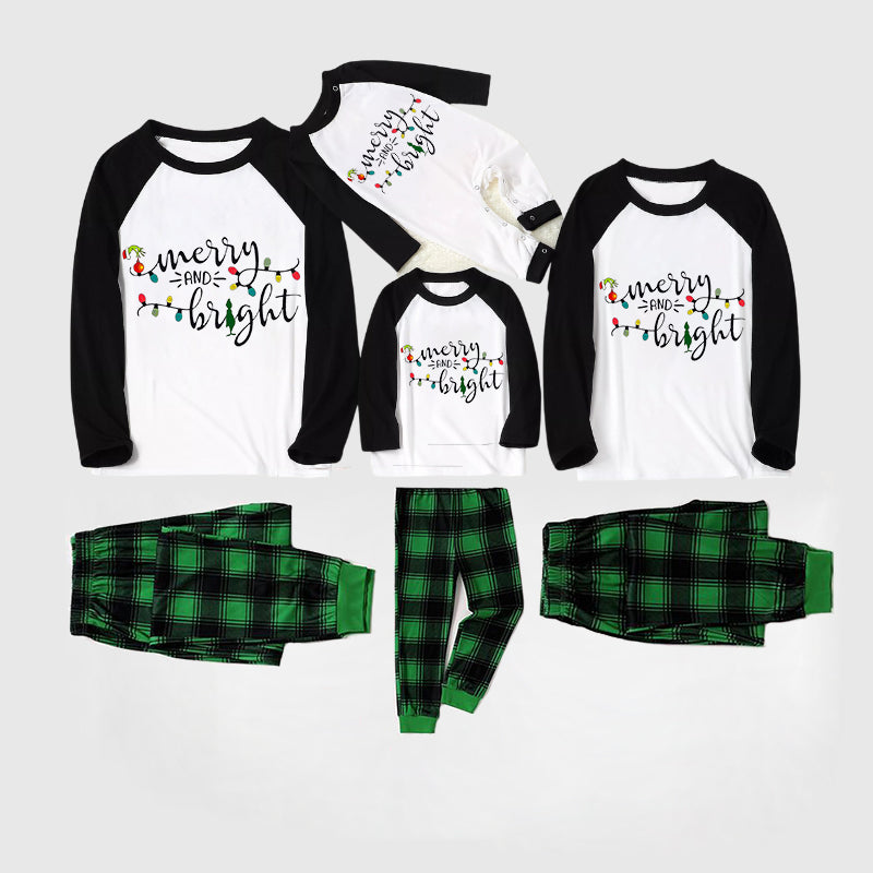Christmas Cute Cartoon Bulb Print and 'Merry and Light’ Letter Print Casual Long Sleeve Sweatshirts Black Contrast Top and Black and Green Plaid Pants Family Matching Pajamas Sets