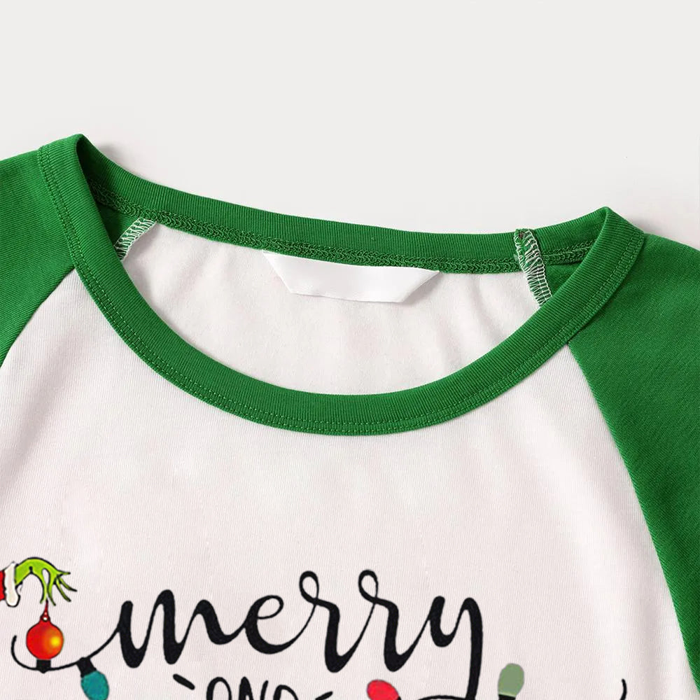 Christmas Cute Cartoon Bulb Print and 'Merry and Light’ Letter Print Casual Long Sleeve Sweatshirts Green Contrast Tops and Black and Gren Plaid Pants  Family Matching Raglan Long-sleeve Pajamas Sets