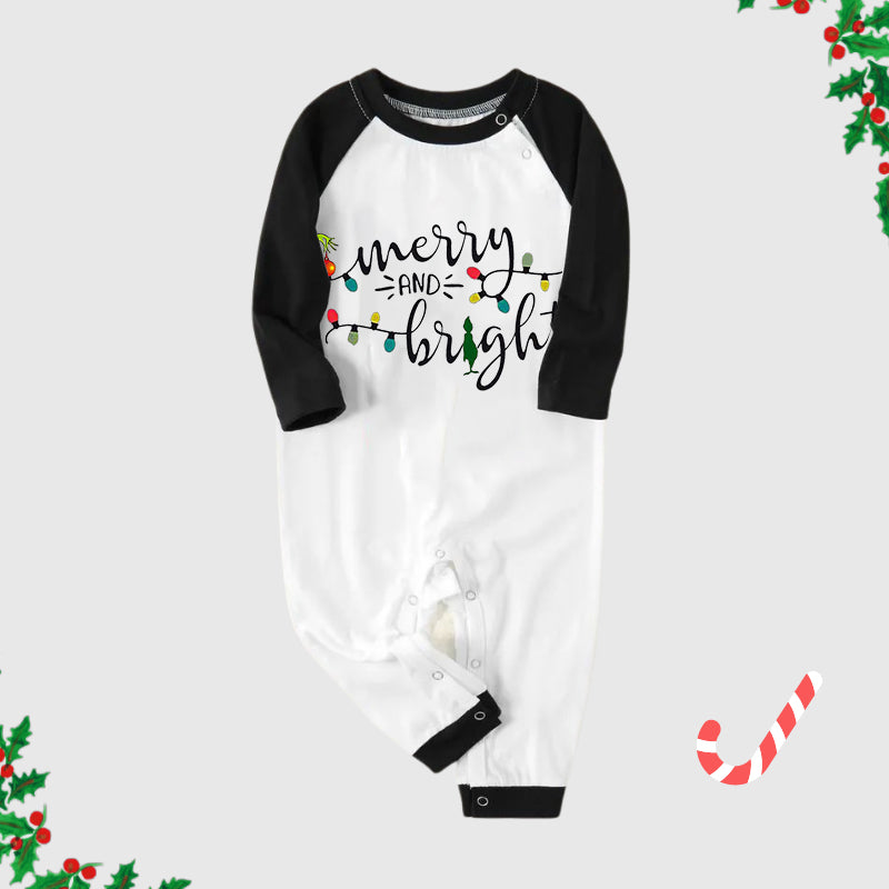 Christmas Cute Cartoon Bulb Print and 'Merry and Light’ Letter Print Casual Long Sleeve Sweatshirts Black Contrast Top and Black and Gren Plaid Pants Family Matching Pajamas Sets