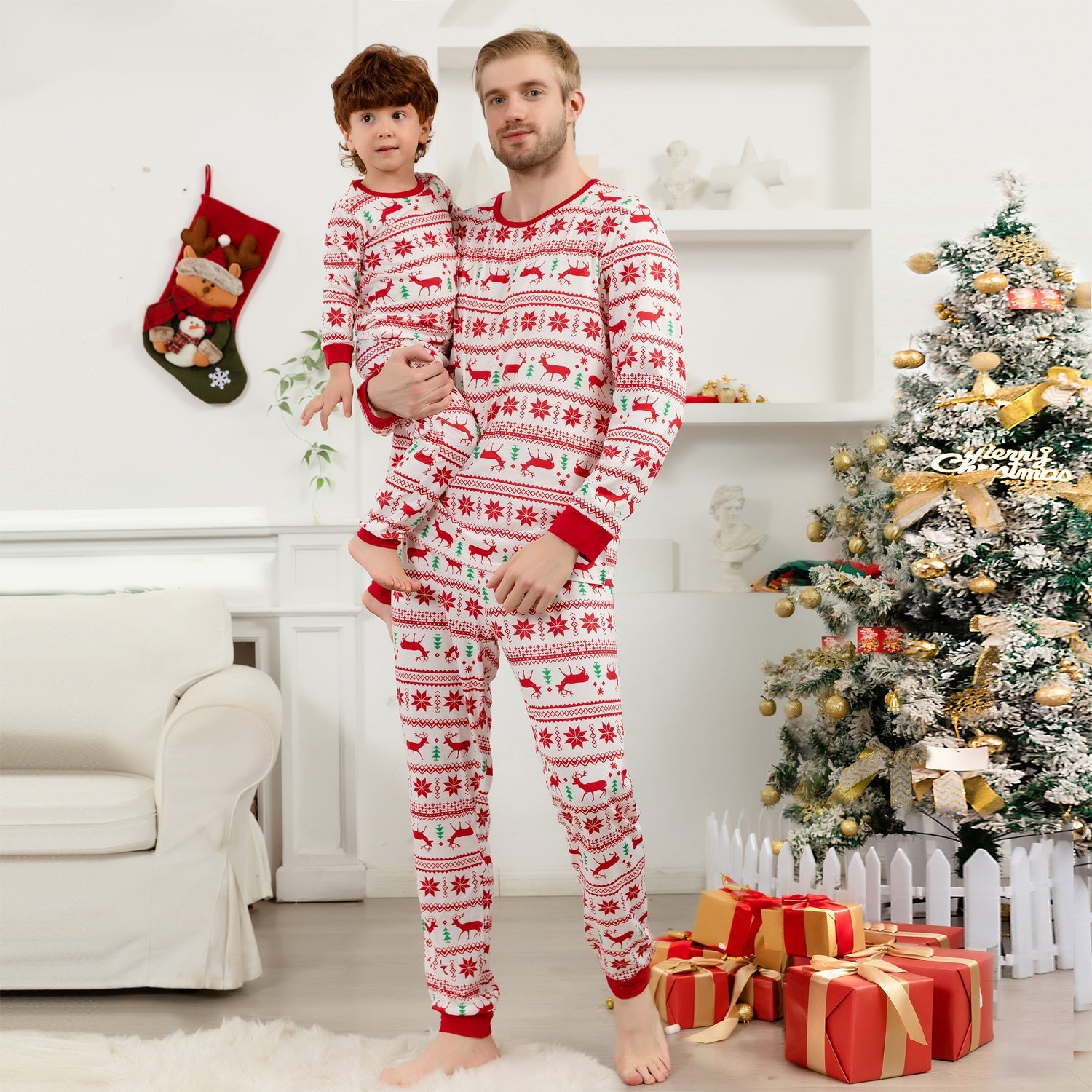 Family Matching Christmas Pattern Print Christmas Family Look Red Pajama Set