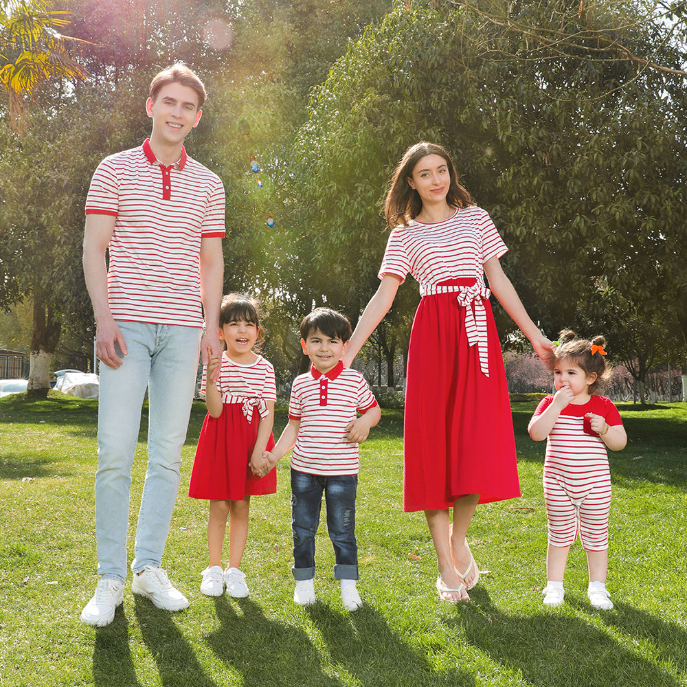 Family Matching Red Striped Maxi Dresses and Short-sleeve T-shirts Sets