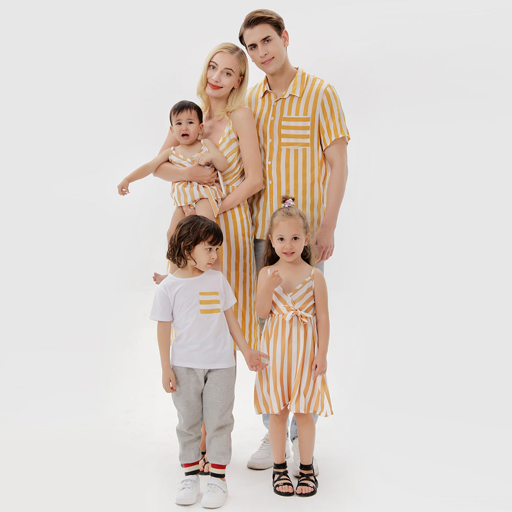 Family Matching Strip Print Dresses and T-shirts Sets