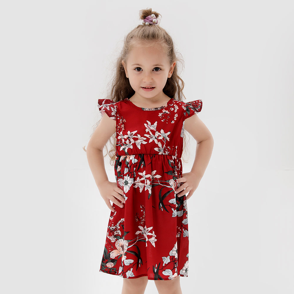 Mom and Daughter Red Floral Print Dresses