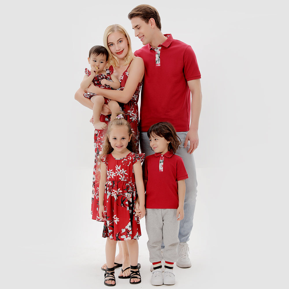 Family Matching Outfit Red Floral Print Dresses and T-shirts Matching Sets