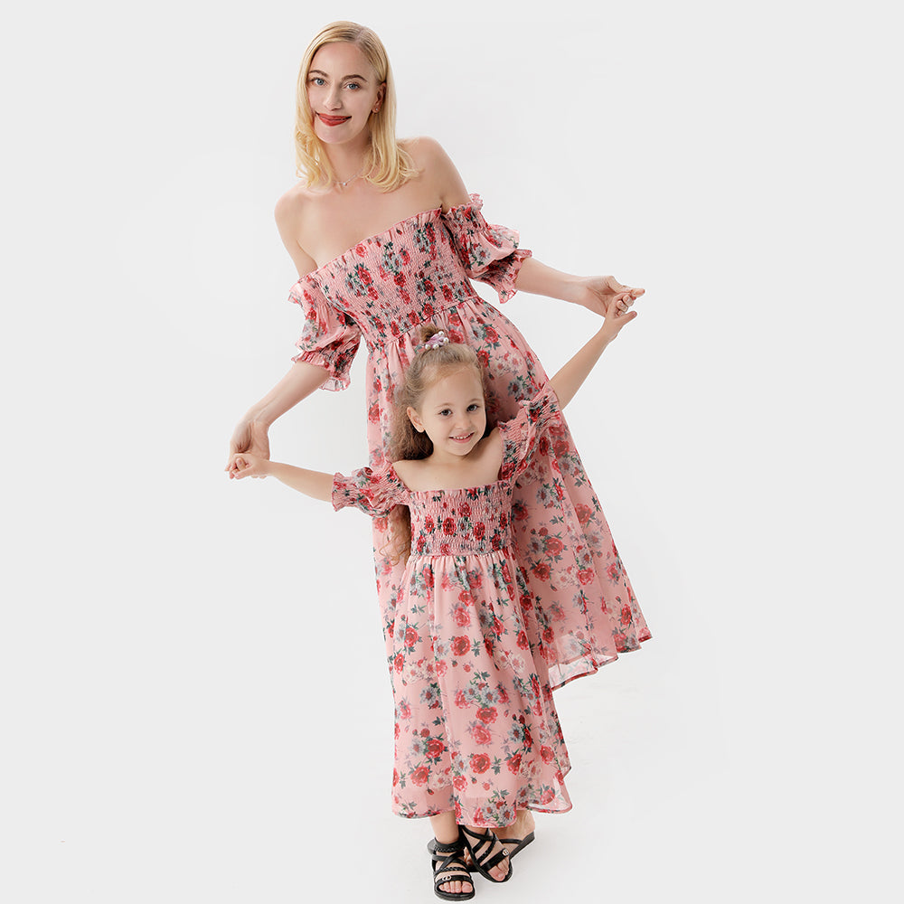 Floral Appliques Off Shoulder Ruffle Dresses for Mommy and Me