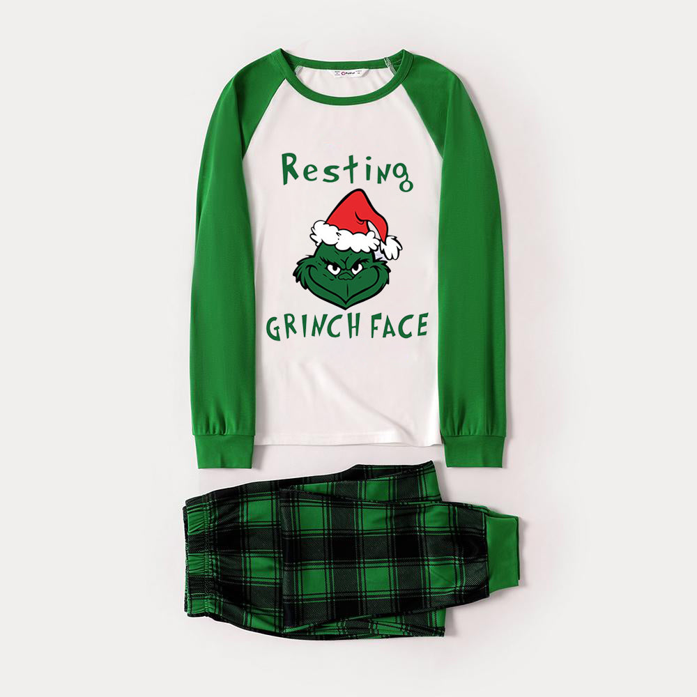 Christmas Cute Cartoon Wearing Christmas Hat and 'Resting Face' Letter Print Casual Long Sleeve Sweatshirts Green Contrast Tops and Black and Gren Plaid Pants  Family Matching Raglan Long-sleeve Pajamas Sets