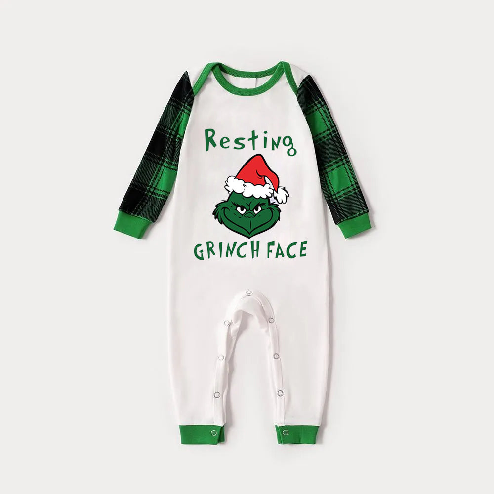 Christmas Cute Cartoon Wearing Christmas Hat and 'Resting Face' Letter Print Casual Long Sleeve Sweatshirts Green Contrast Tops and Black and Gren Plaid Pants  Family Matching Raglan Long-sleeve Pajamas Sets