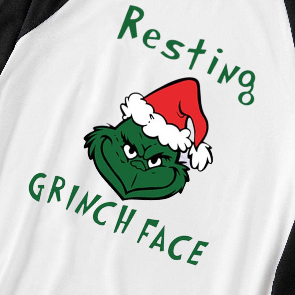 Christmas Cute Cartoon Wearing Christmas Hat and 'Resting Face' Letter Print Casual Long Sleeve Sweatshirts Black Contrast Top and Black and Green Plaid Pants Family Matching Pajamas Sets