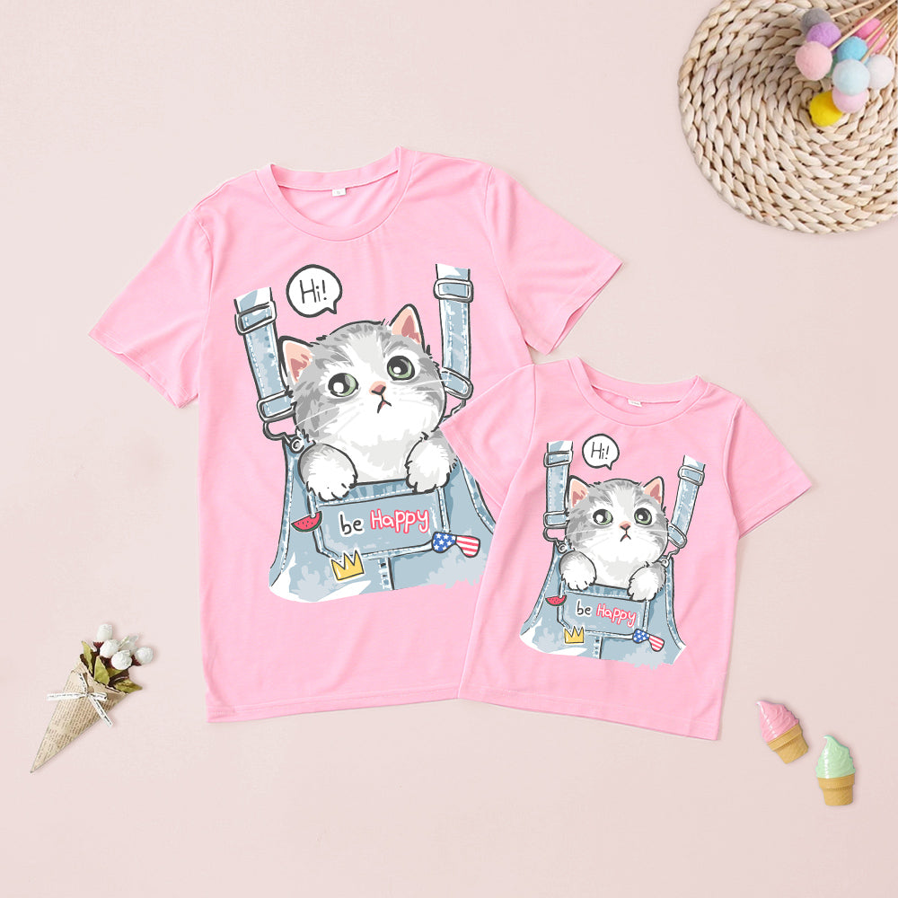 Mommy and Me Short Sleeve Cat Print T-Shirt