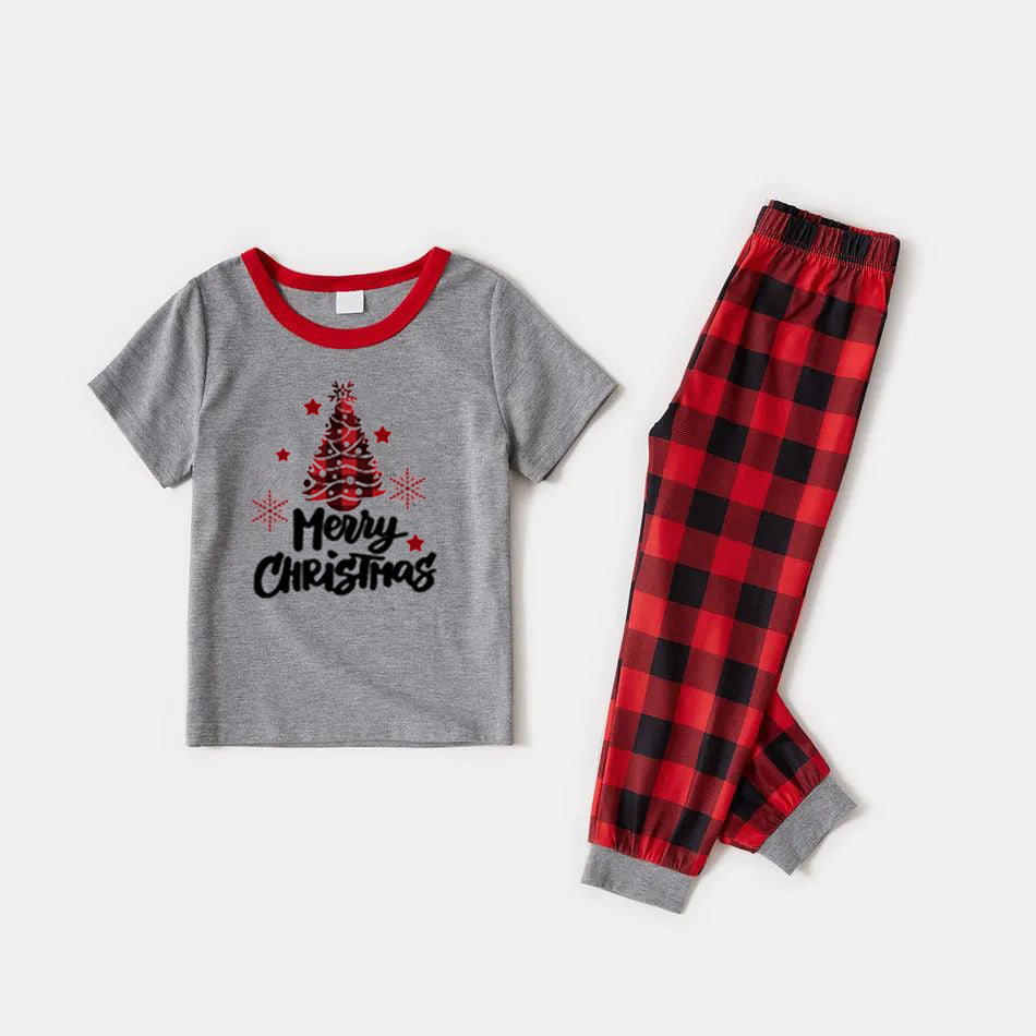 Short Sleeve Christmas Family Matching Pajamas Sets Christmas Tree Print Grey Top and Plaid Pants