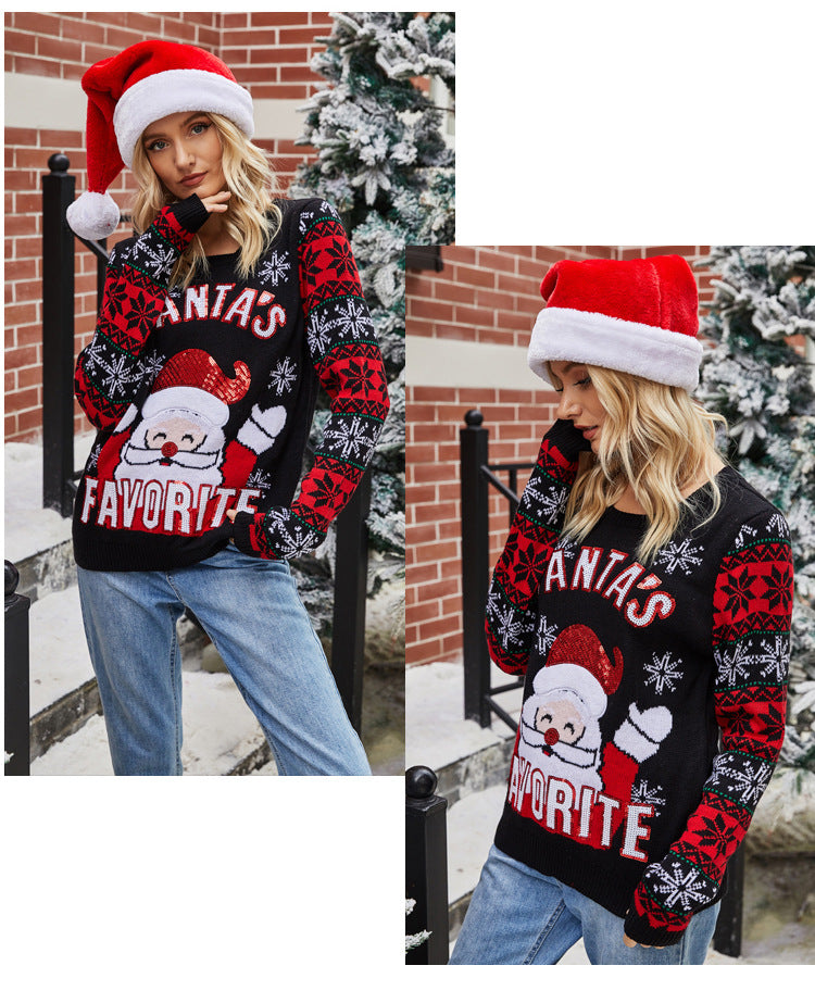 Women Santa Claus Print Drop Shoulder Christmas Sweater