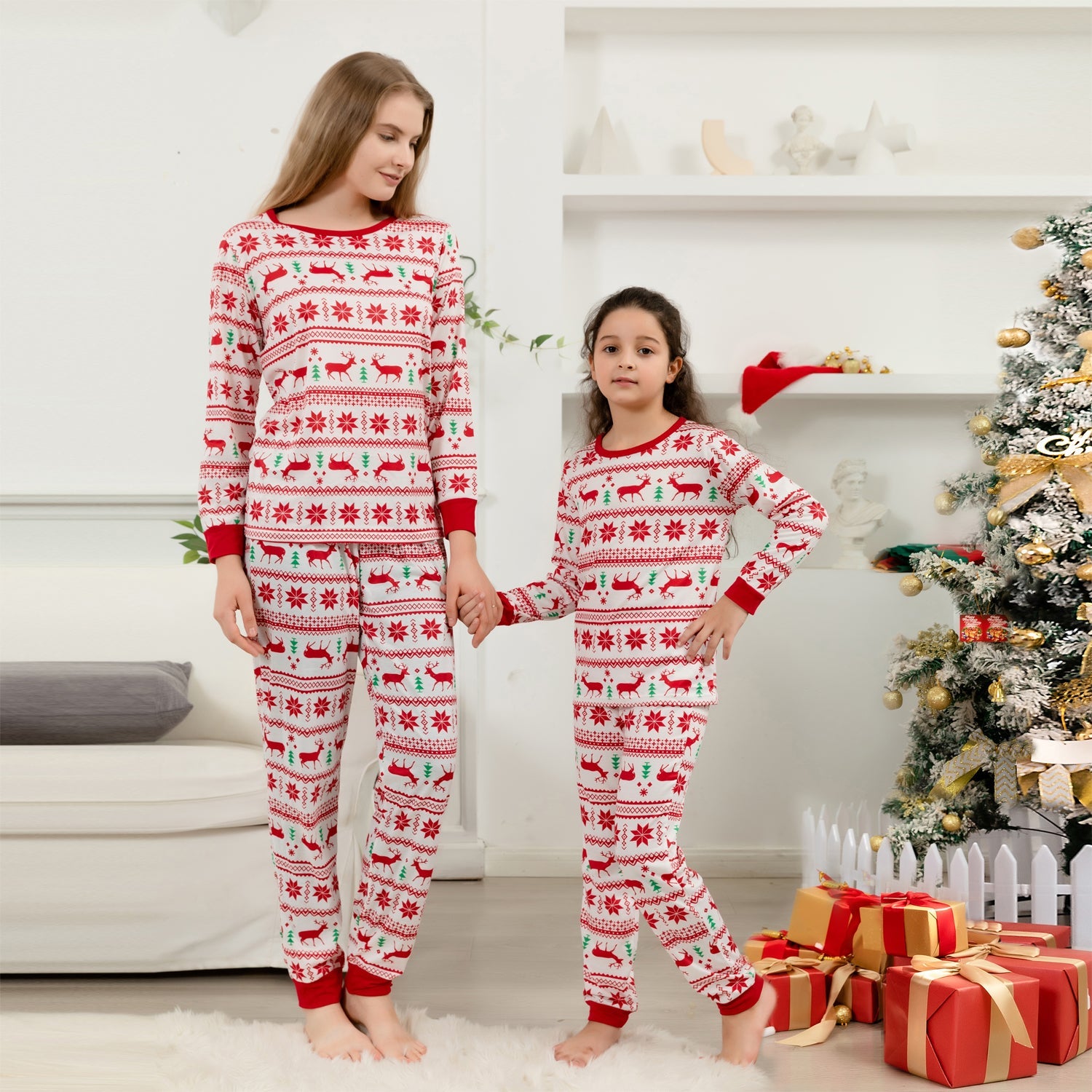 Family Matching Christmas Pattern Print Christmas Family Look Red Pajama Set