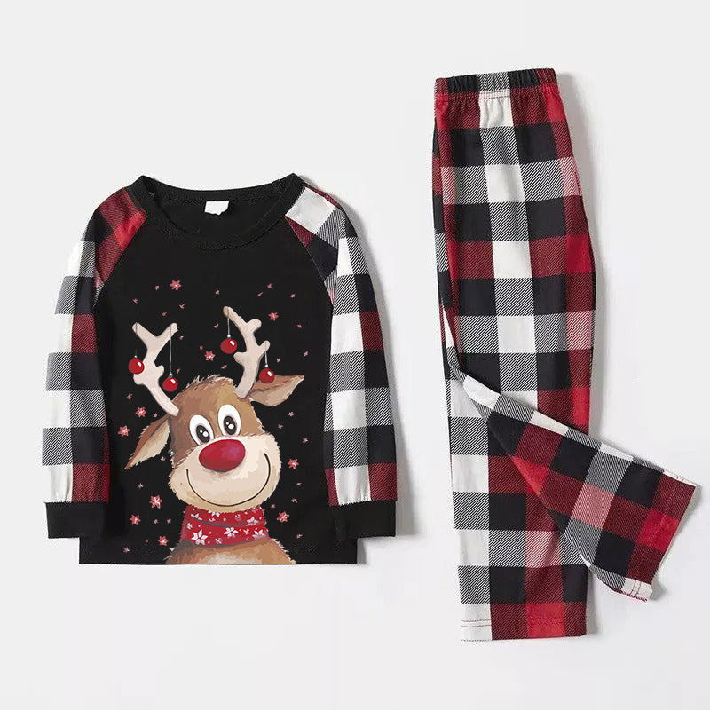 Christmas Cute Deer Print Family Matching Long-sleeve Black Red Plaid Pajamas Set