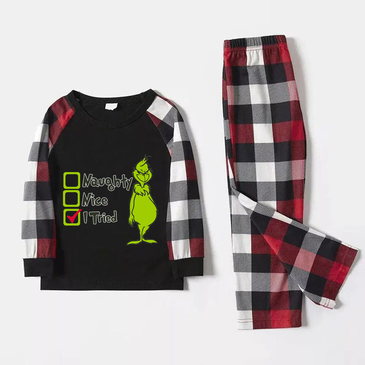 Christmas "Naughty&Nice& I Tried" Letter Print Patterned Casual Long Sleeve Sweatshirts Contrast Tops and Red & Black & White Plaid Pants Family Matching Pajamas Set With Pet Bandana