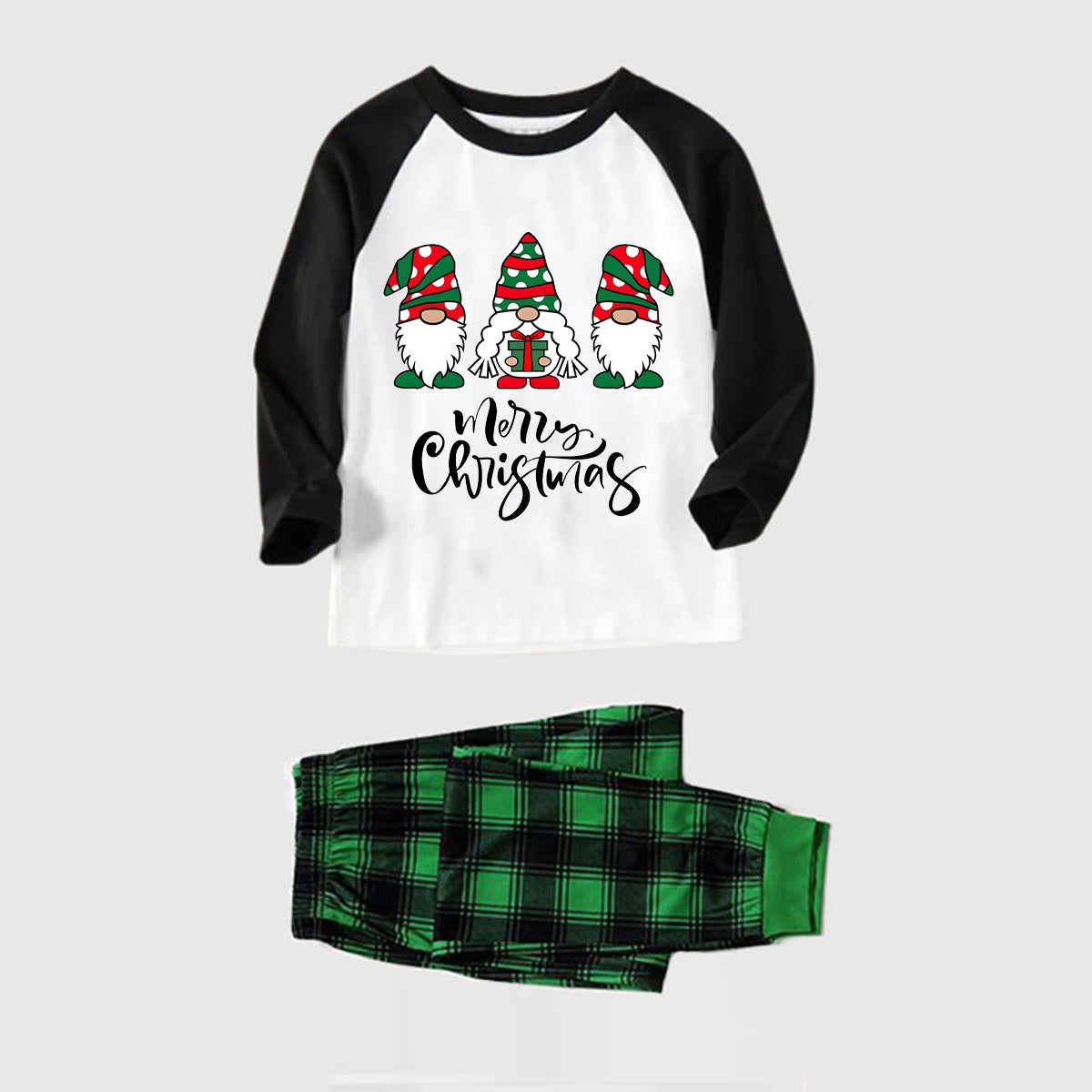 Merry Christmas Cute Gnome Print Casual Long Sleeve Sweatshirts Casual Long Sleeve Sweatshirts Black Contrast Top and Black and Green Plaid Pants Family Matching Pajamas Sets With Dog Bandana