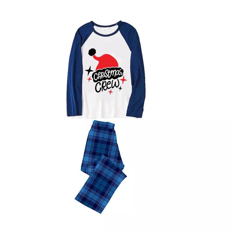 "Christmas crew" letter print, Christmas pajamas, patchwork tops and blue plaid pants Matching Pajamas With Dog - slickdapper