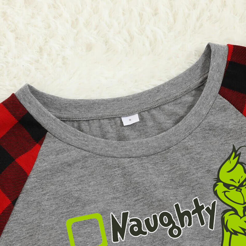 Christmas "Naughty&Nice& I Tried" Letter Print Patterned Casual Long Sleeve Sweatshirts Grey Contrast Top and Black & Red Plaid Pants Family Matching Pajamas Set With Pet Bandana
