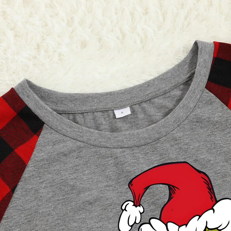 Christmas "Naughty&Nice" Letter Print Patterned Casual Long Sleeve Sweatshirts Grey Contrast Top and Black & Red Plaid Pants Family Matching Pajamas Set With Pet Bandana