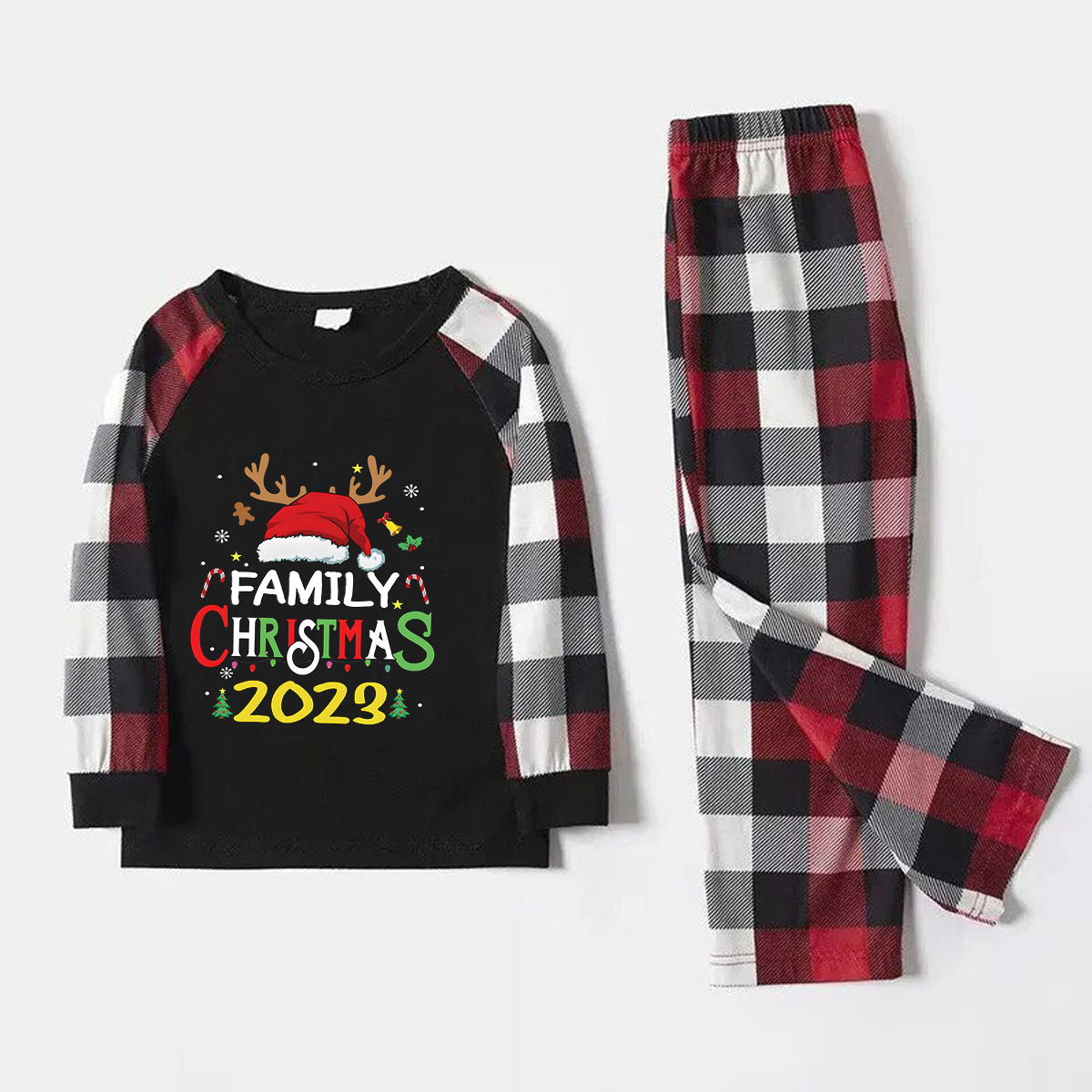 Family Christmas Shirts Santa Hat Christmas Deer Patterned and 'FAMILY CHRISTMAS 2023  ' Letter Print Contrast Tops and Red & Black & White Plaid Pants Family Matching Pajamas Set With Dog Bandana