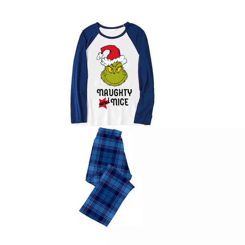 Christmas "Naughty&Nice" Letter Print Patterned Casual Long Sleeve Sweatshirts Blue Sleeve Contrast Tops and Blue Plaid Pants Family Matching Pajamas Sets With Pet Bandan