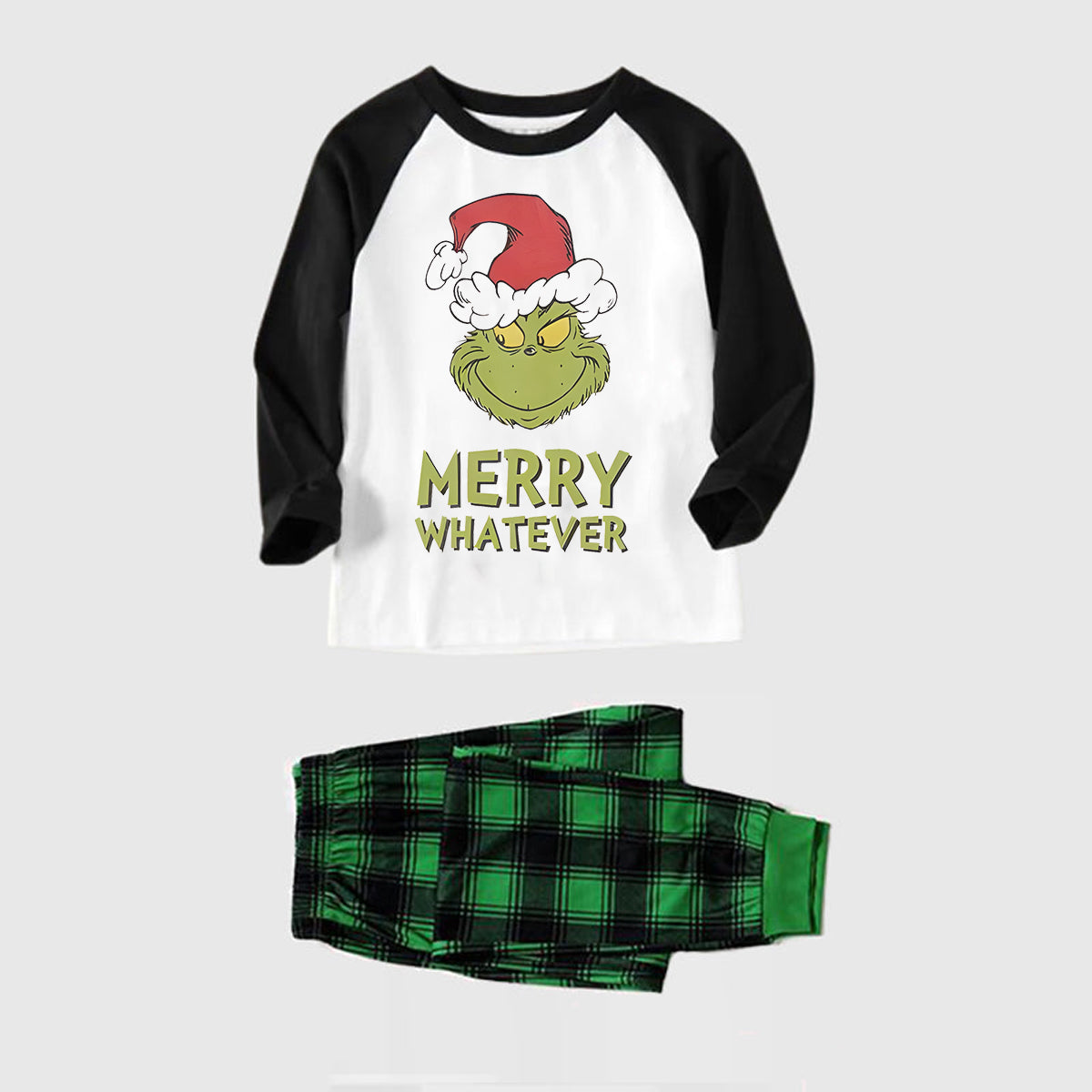 Christmas Cartoon and 'Merry Whatever' Letter Print Contrast Tops and Black and Gren Plaid Pants Family Matching Pajamas Sets With Dog Bandana