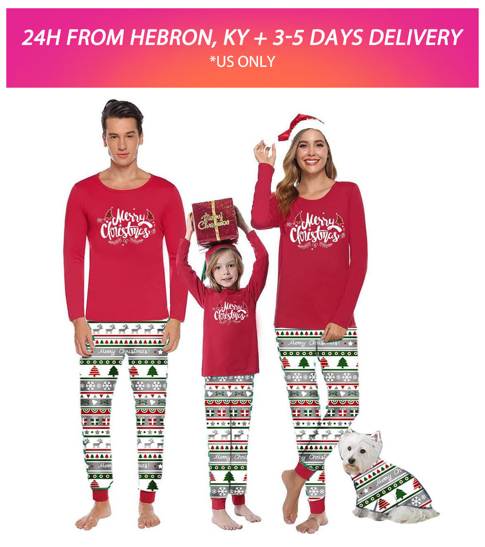 Merry Christmas Cartoon Pattern Design Family Matching Pajamas Set With Dog