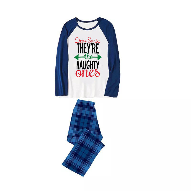 'Dear Santa Ther Are The Naughty One' Letter Print Casual Long Sleeve Sweatshirts Blue Sleeve Contrast Tops and Blue Plaid Pants Family Matching Pajamas Sets With Dog Bandan