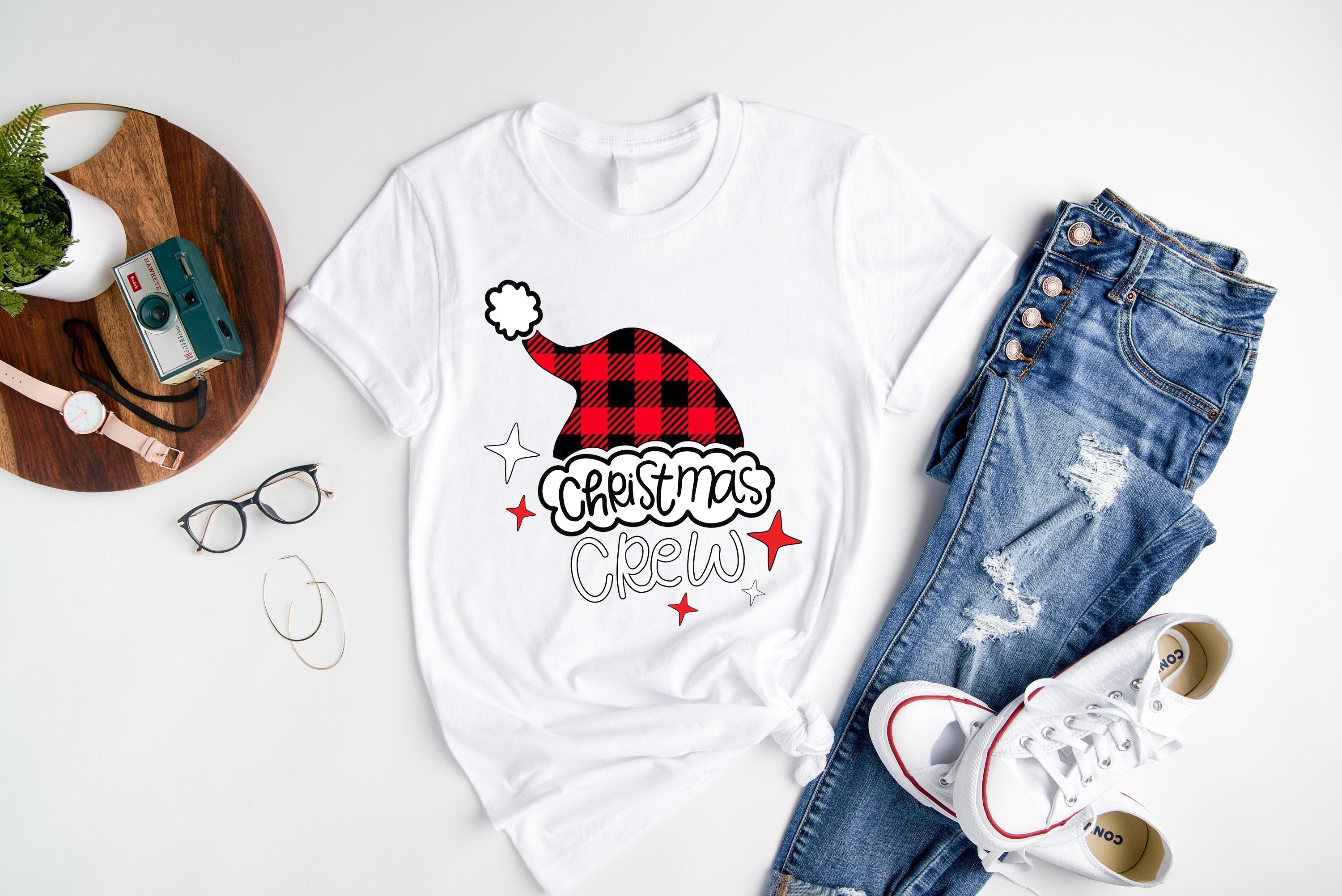'Chirstmas Crew' Letter Santa Hat Pattern Family Christmas Matching Pajamas Tops Cute White Short Sleeve T-shirts With Dog Bandana