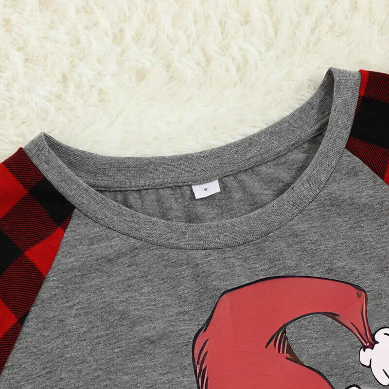 Christmas Cartoon and 'Merry Whatever' Letter Print Grey Contrast top and Black & Red Plaid Pants Family Matching Pajamas Set With Dog Bandana