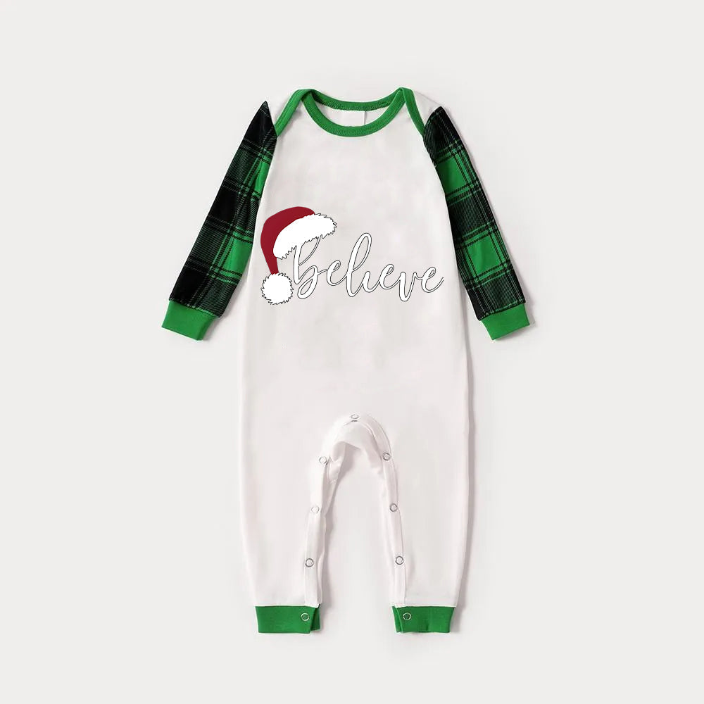 Christmas Hat and ‘Believe“ Letter Print Patterned Green Sleeve Contrast Tops and Black and Green Plaid Pants Family Matching Raglan Long-sleeve Pajamas Sets With Dog Bandana