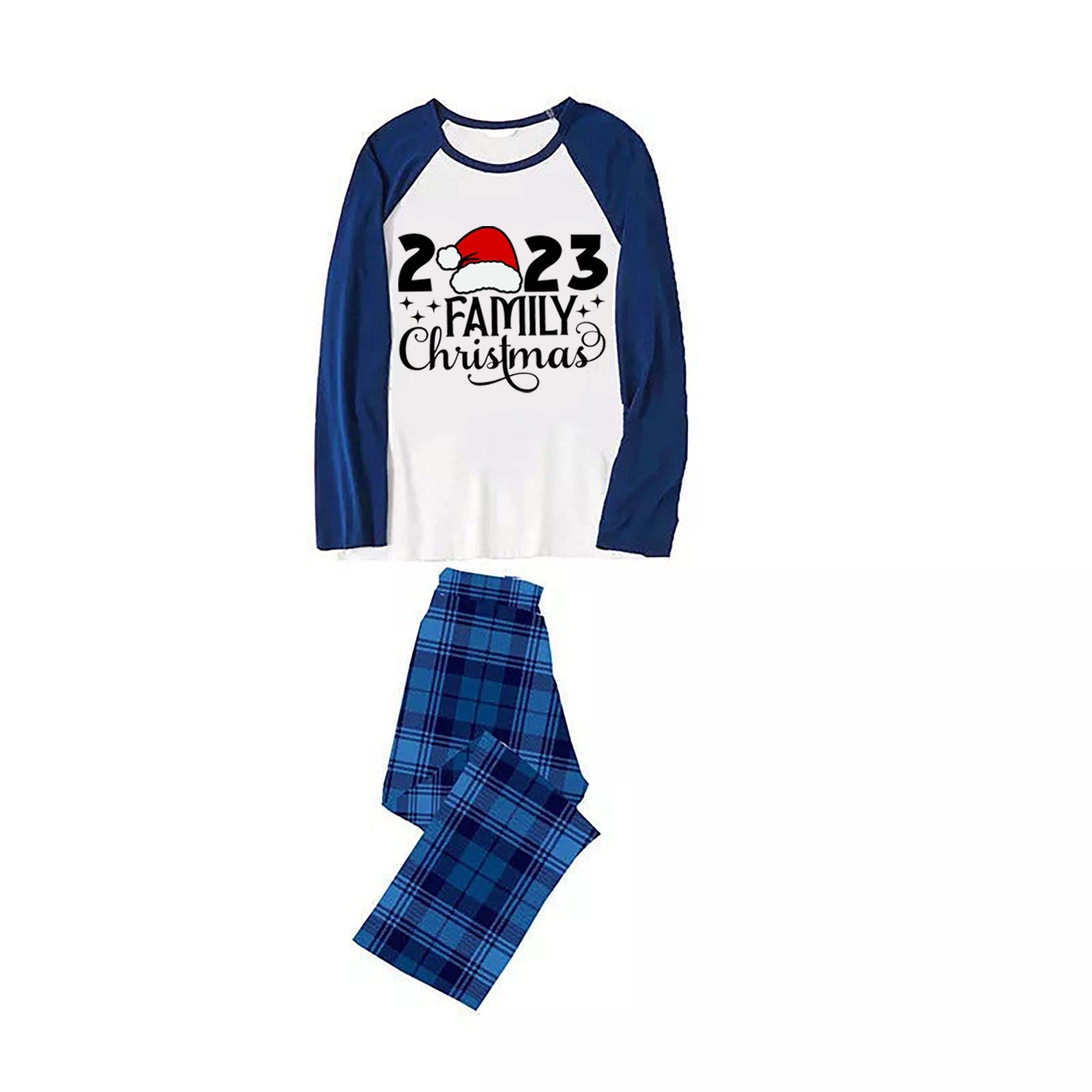 Christmas Cute Cartoon Santa Hat Patterned and '2023 FAMILY Christmas ' Letter Print Casual Long Sleeve Sweatshirts Contrast Blue & White Top and Black and Blue Plaid Pants Family Matching Pajamas Sets